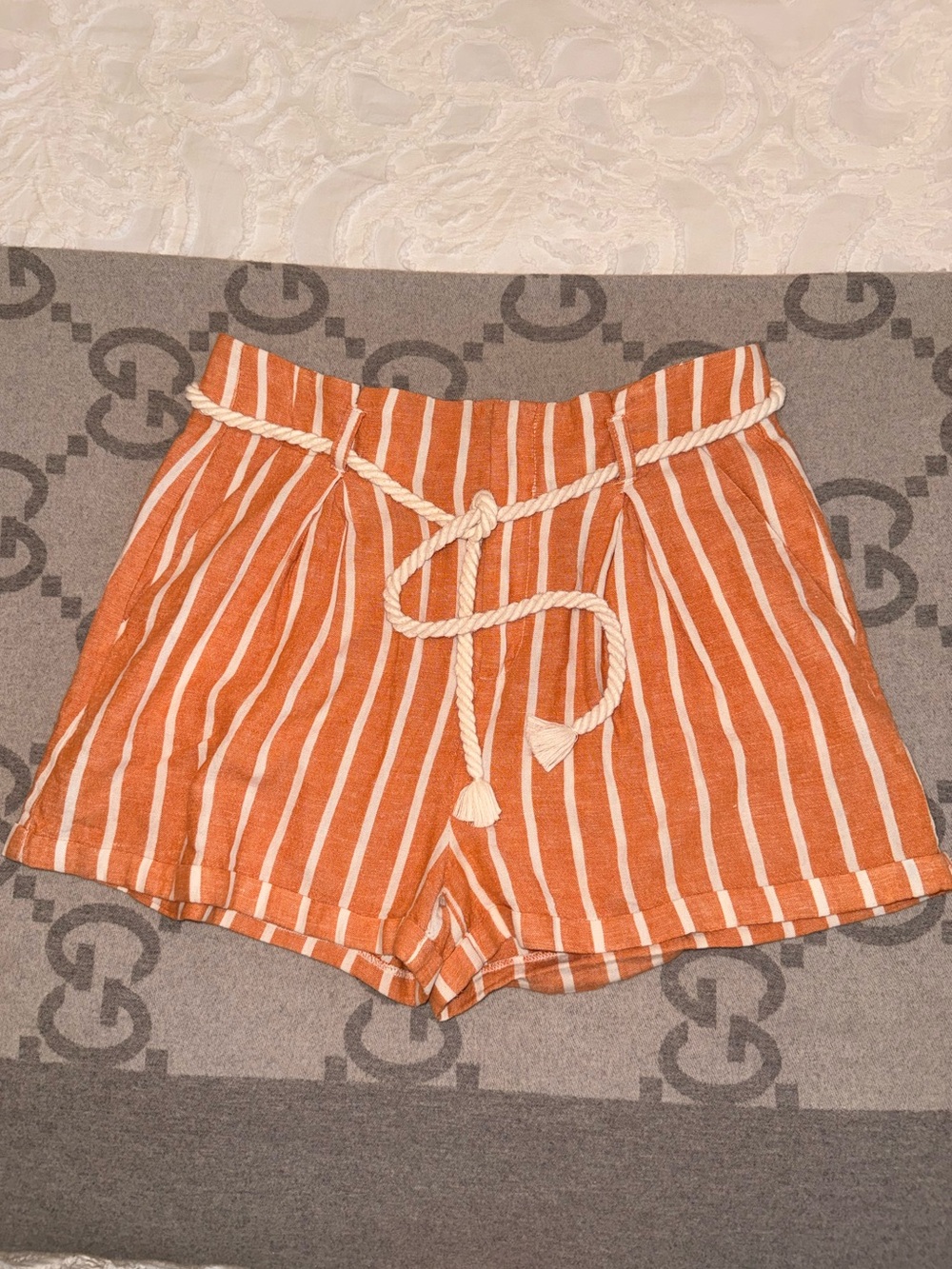 🌼 Forever 21 Orange & White Striped High-Waist linen blend Shorts with Rope Belt